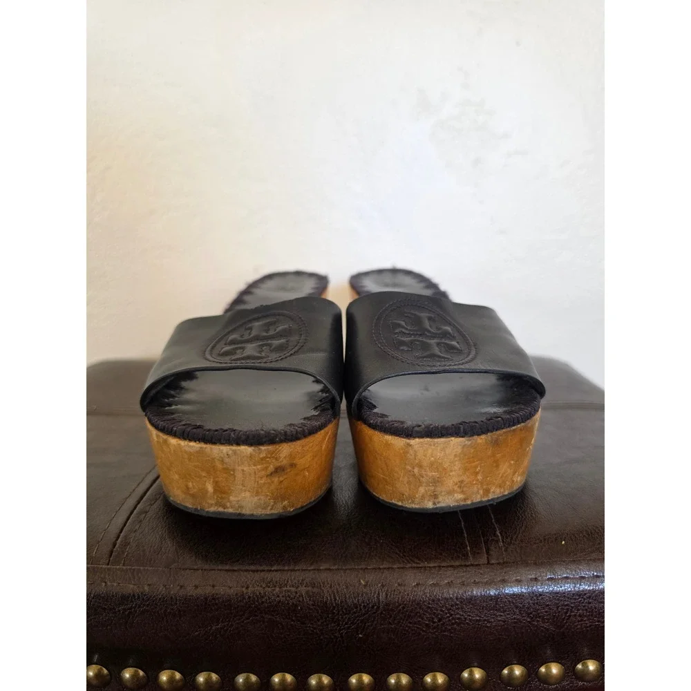 Tory Burch Leather Big Logo Boho Black Wooden Platform Sandals sz 9 READ